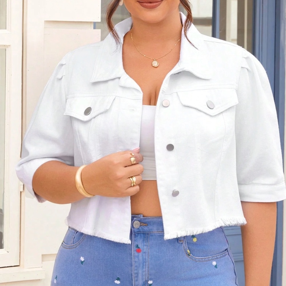 Plus White Button Down Frayed Hem Cropped Denim Jean Jacket